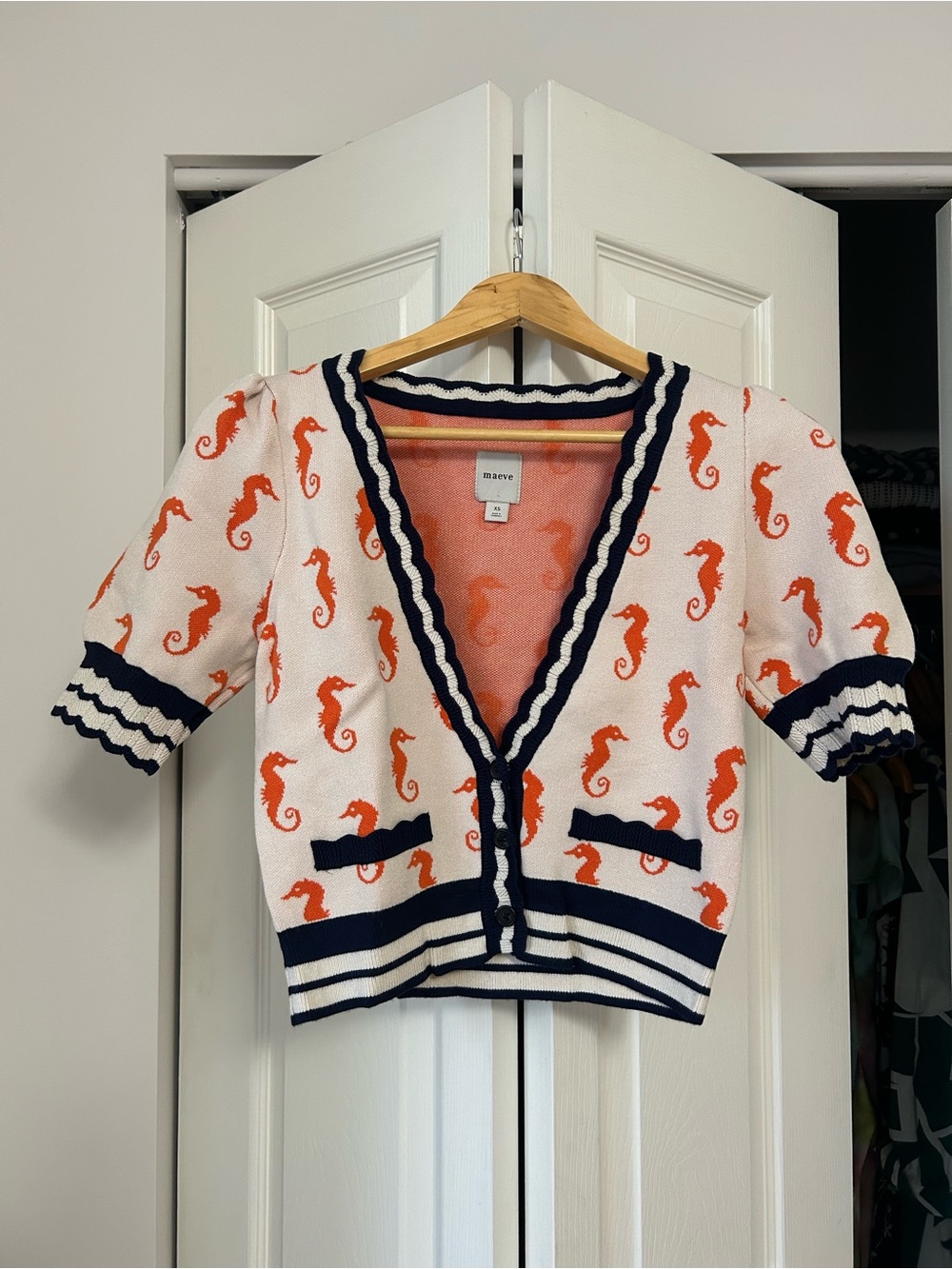 Maeve Seahorse Coral and White Knit Cardigan with Navy Trim